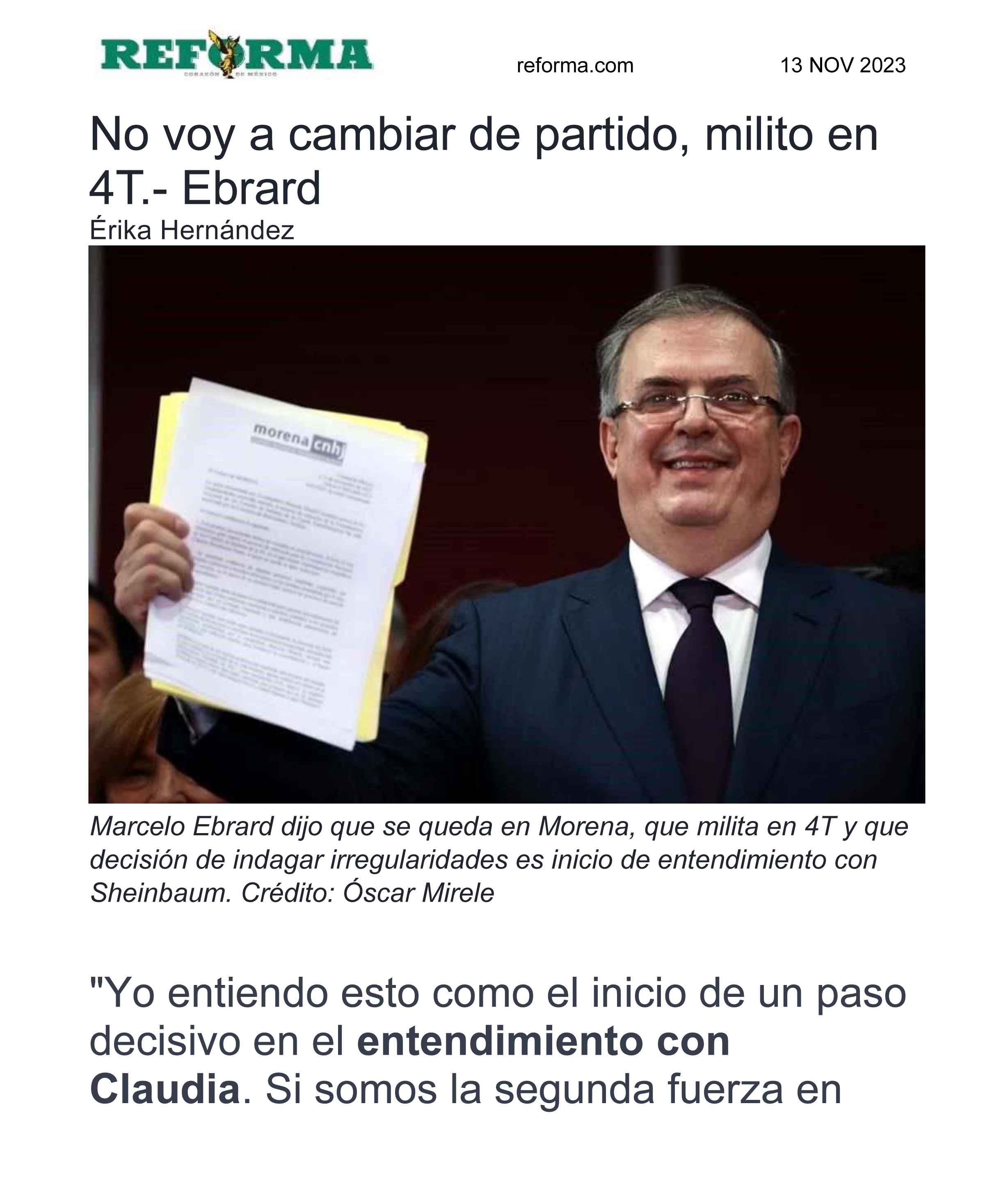 No voy a cambiar de partido, milito en 4T.- Ebrard