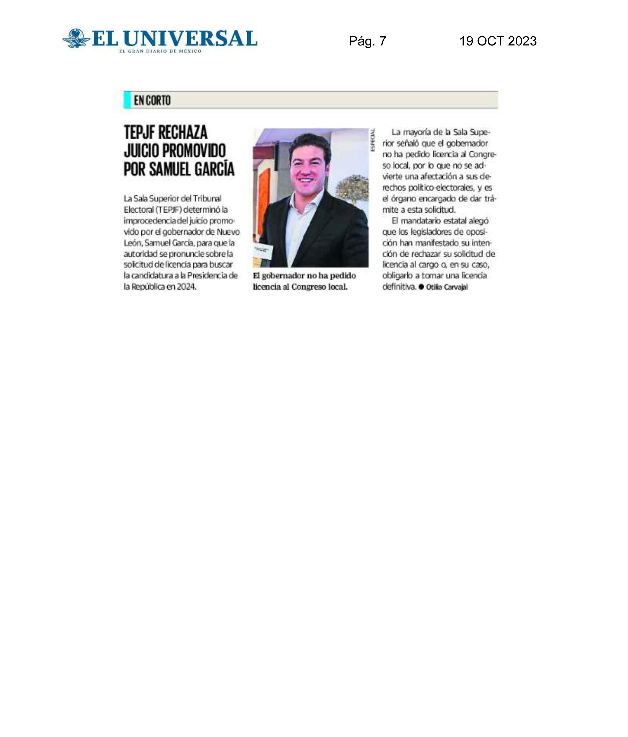 TEPJF RECHAZA JUICIO PROMOVIDO POR SAMUEL GARCÍA